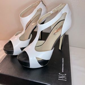 INC Black and white strapped heeled sandals